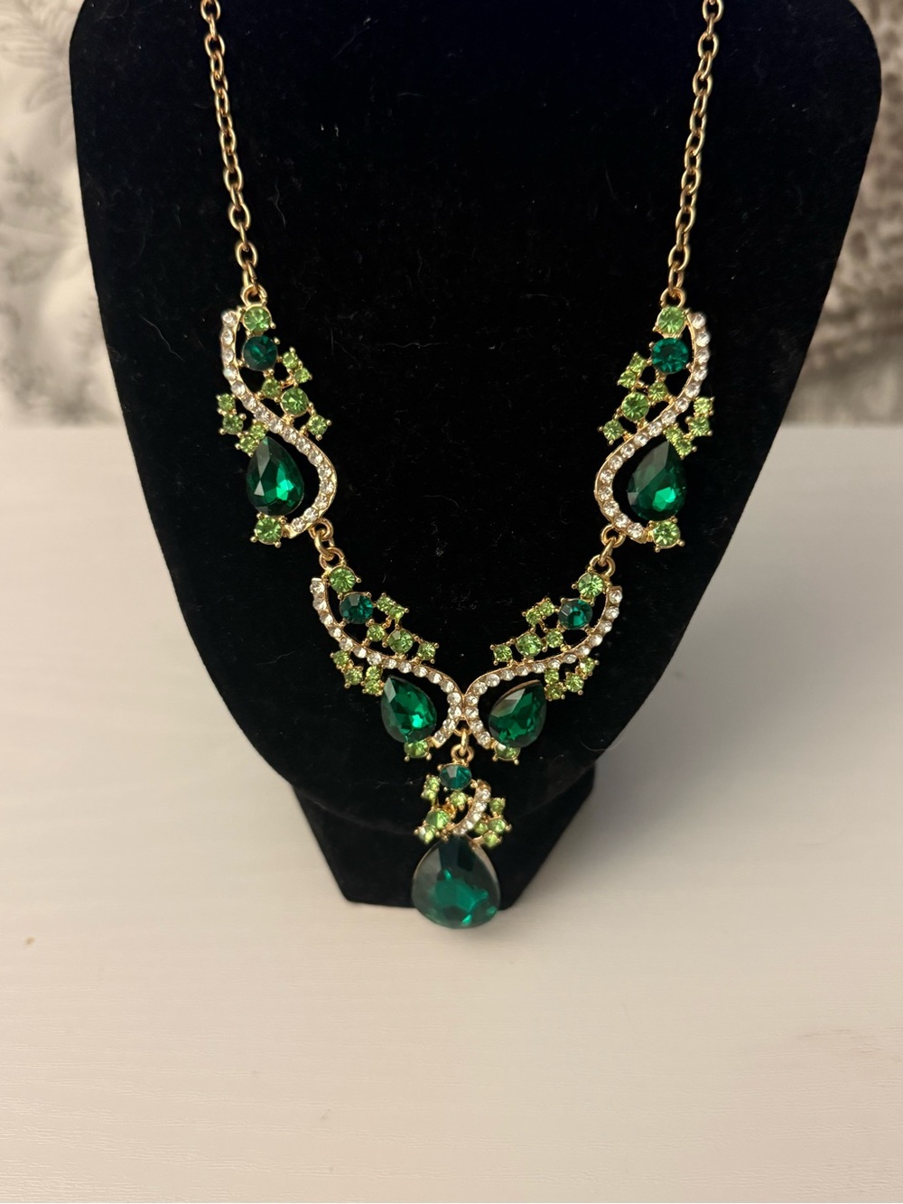 Gold-Tone Emerald Teardrop Necklace - Green